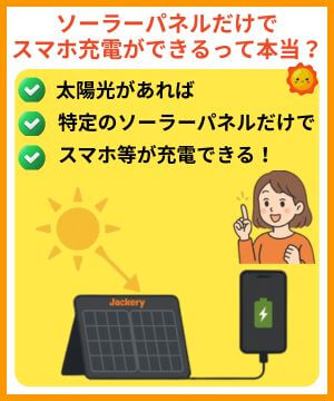 Jackeryのソーラーパネルだけでスマホ充電ができるって本当？太陽光があればOK。特定のソーラーパネルだけでOK。スマホ等が充電できる