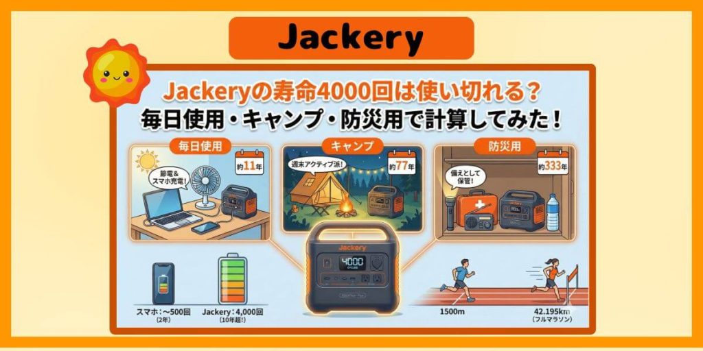 Jackeryの寿命4000回は使い切れる？毎日使用・キャンプ・防災用で計算してみた！