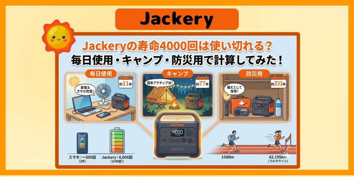 Jackeryの寿命4000回は使い切れる？毎日使用・キャンプ・防災用で計算してみた！